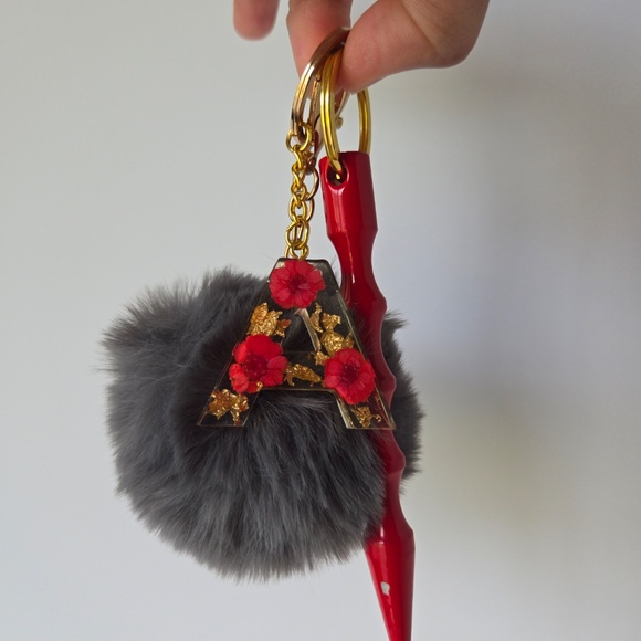 Gray Pom-Pom, Red Floral Letter “A” & Red Spike Keychains(3 Set) 🌺(2 for $10) - Picture 3 of 17